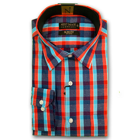 Sky Blue and Red Check Next Image Slim Fit Shirt