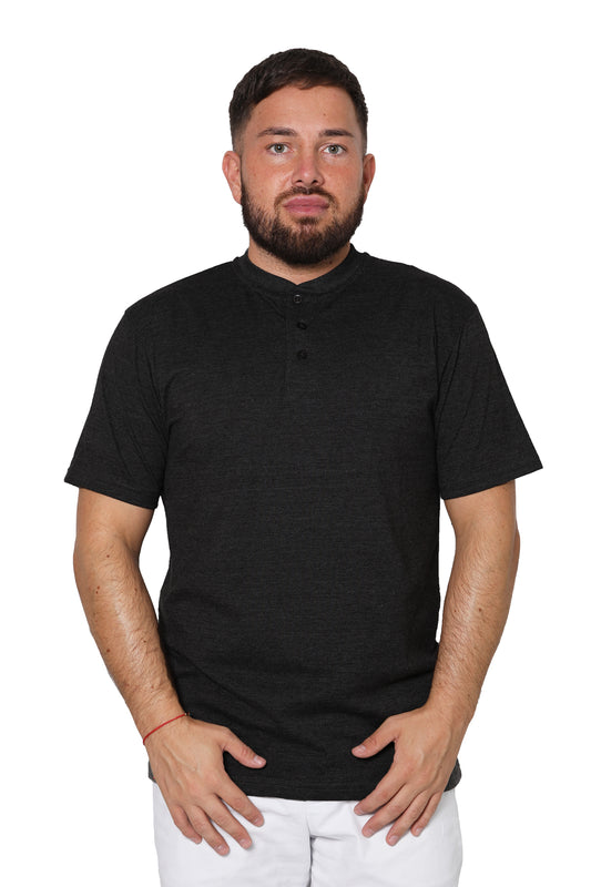 Short Sleeve Plain Henley T-Shirt with Grandad Collar - Black