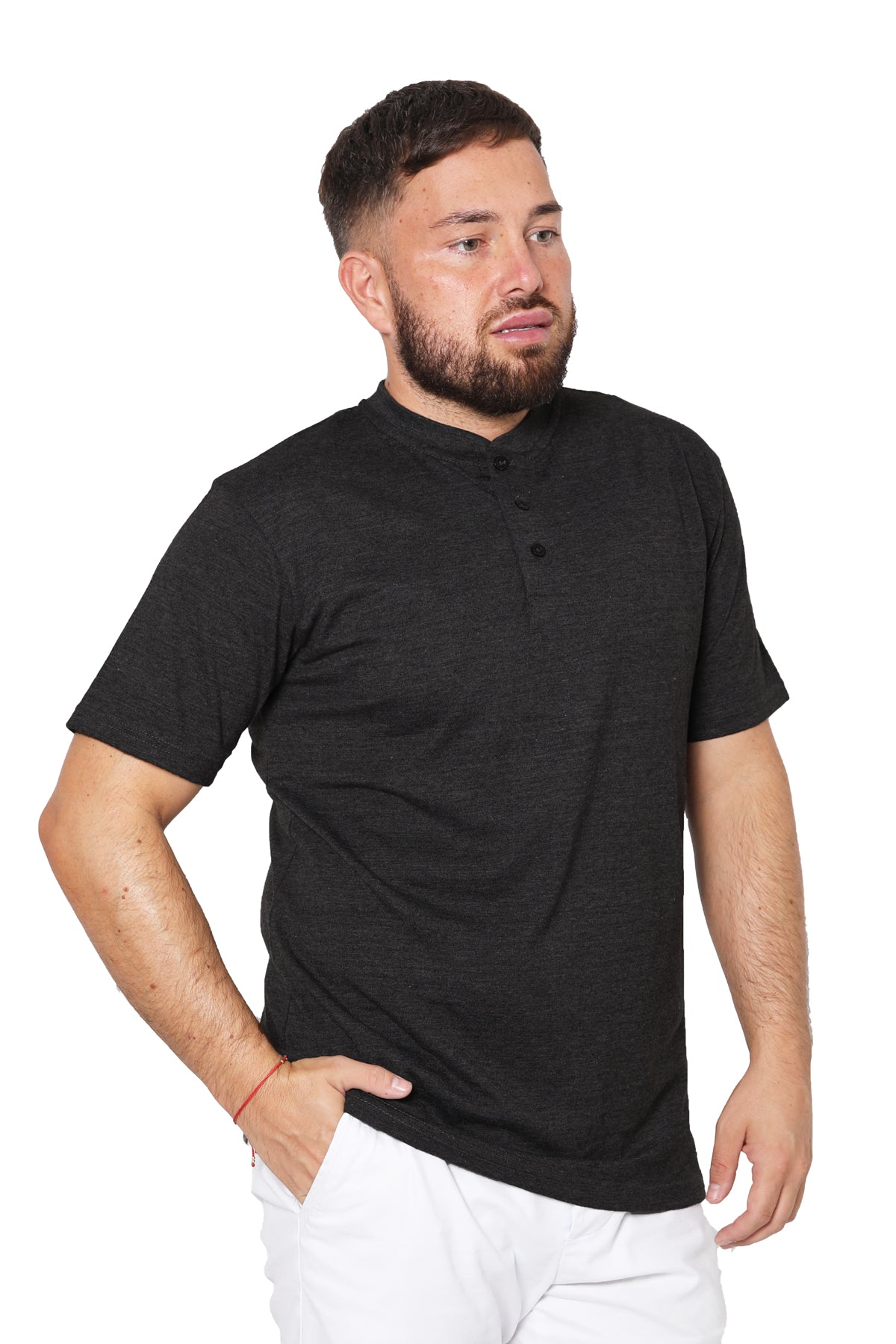 Short Sleeve Plain Henley T-Shirt with Grandad Collar - Black