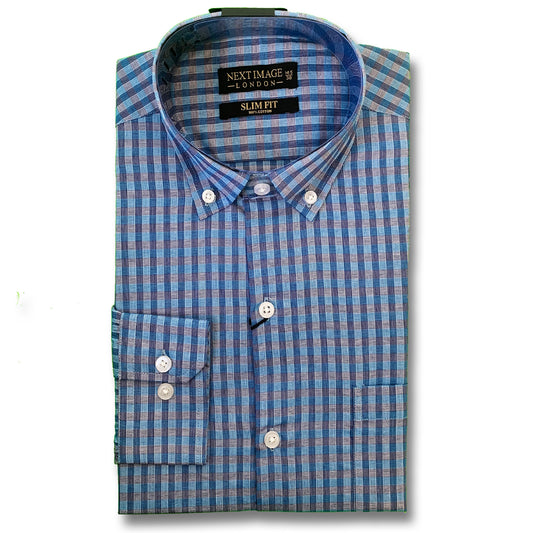 Blue and Grey Check Slim Fit Shirt