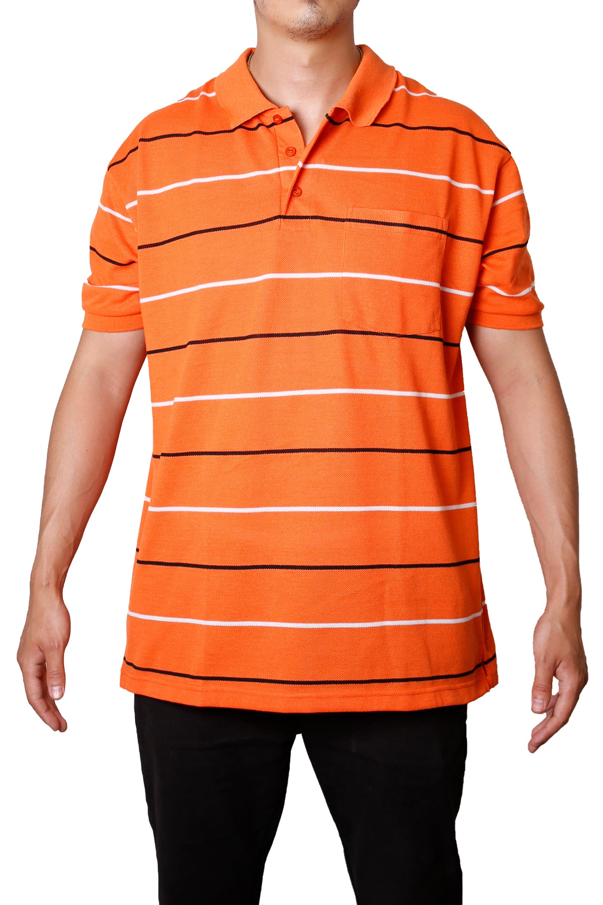 Striped Pique Polo Slim Fit T-Shirt- Orange