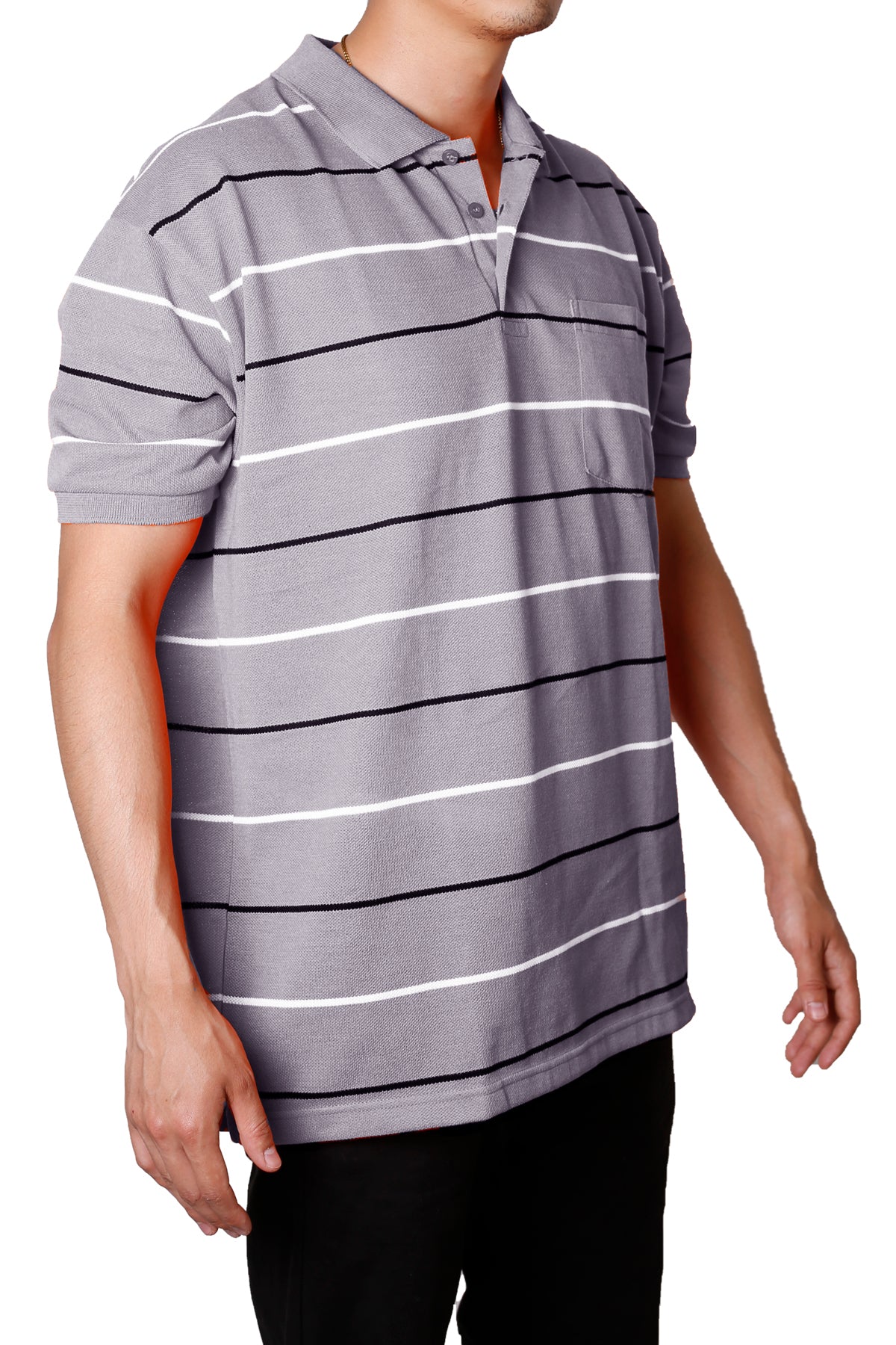Striped Pique Polo Slim Fit T-Shirt- Grey