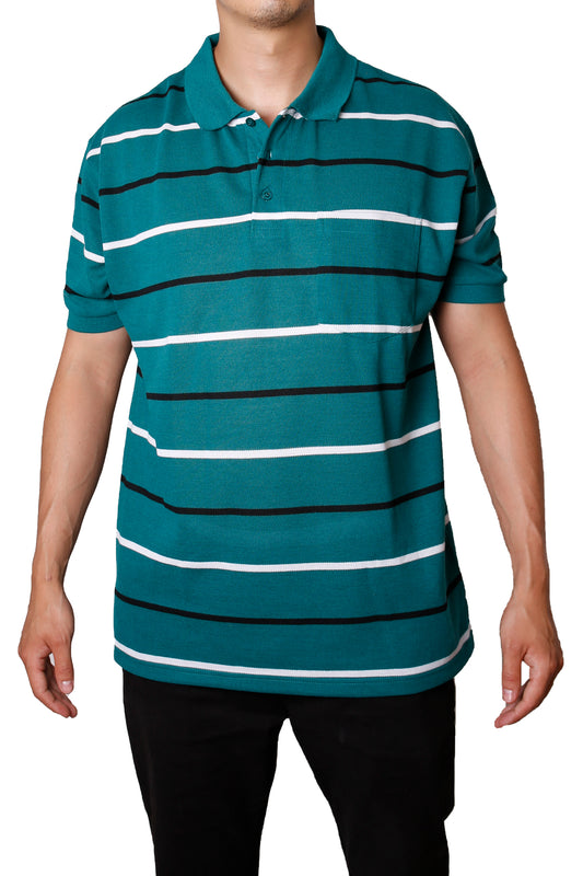 Striped Pique Polo T-Shirt Short Sleeves Slim Fit - Green