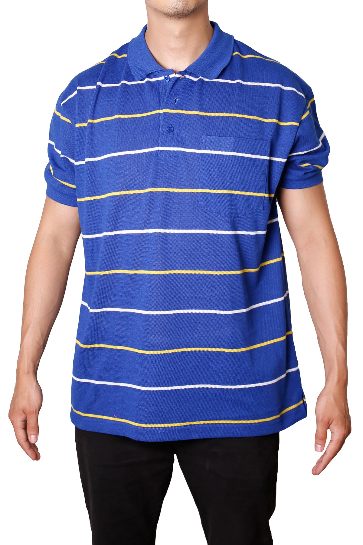 Striped Pique Polo Slim Fit T-Shirt- Blue