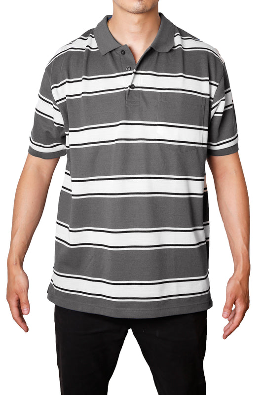 Thick Striped Pique Polo T-Shirt Slim Fit - Grey