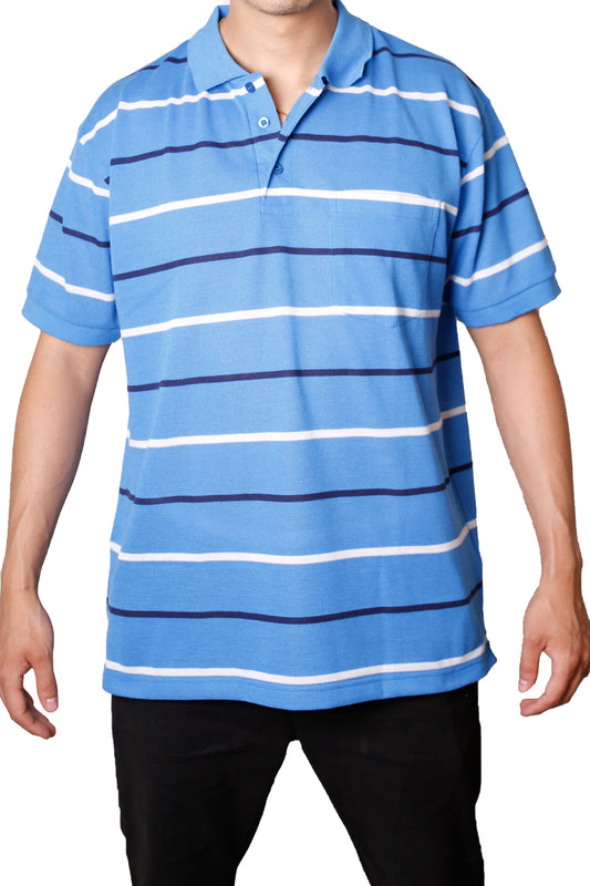 Striped Pique Polo T-Shirt Short Sleeves Slim Fit - Light Blue