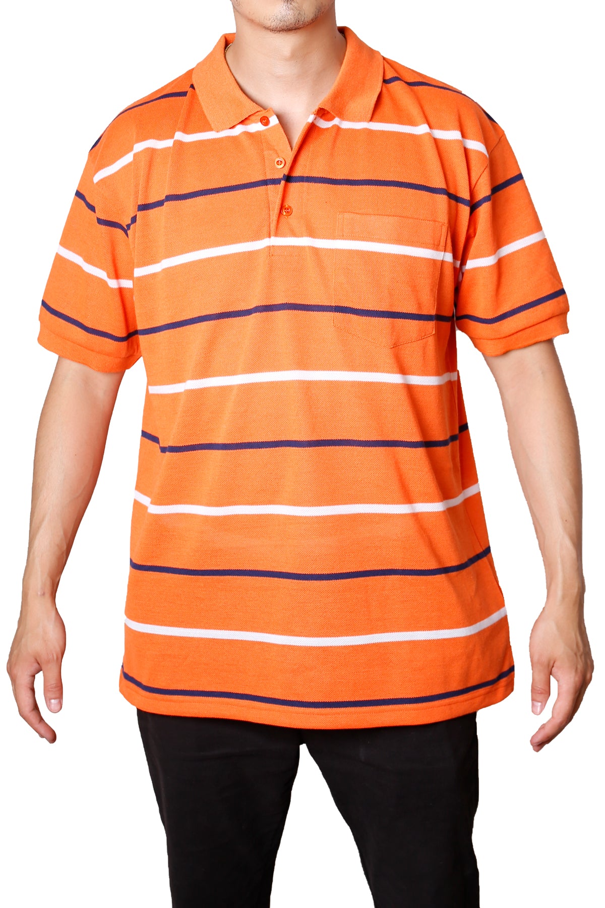 Striped Pique Polo T-Shirt Short Sleeves Slim Fit - Orange
