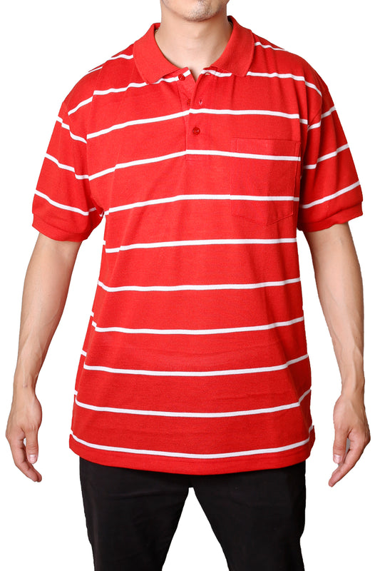 Striped Pique Polo T-Shirt - Red