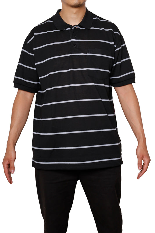 Striped Pique Polo T-Shirt - Black