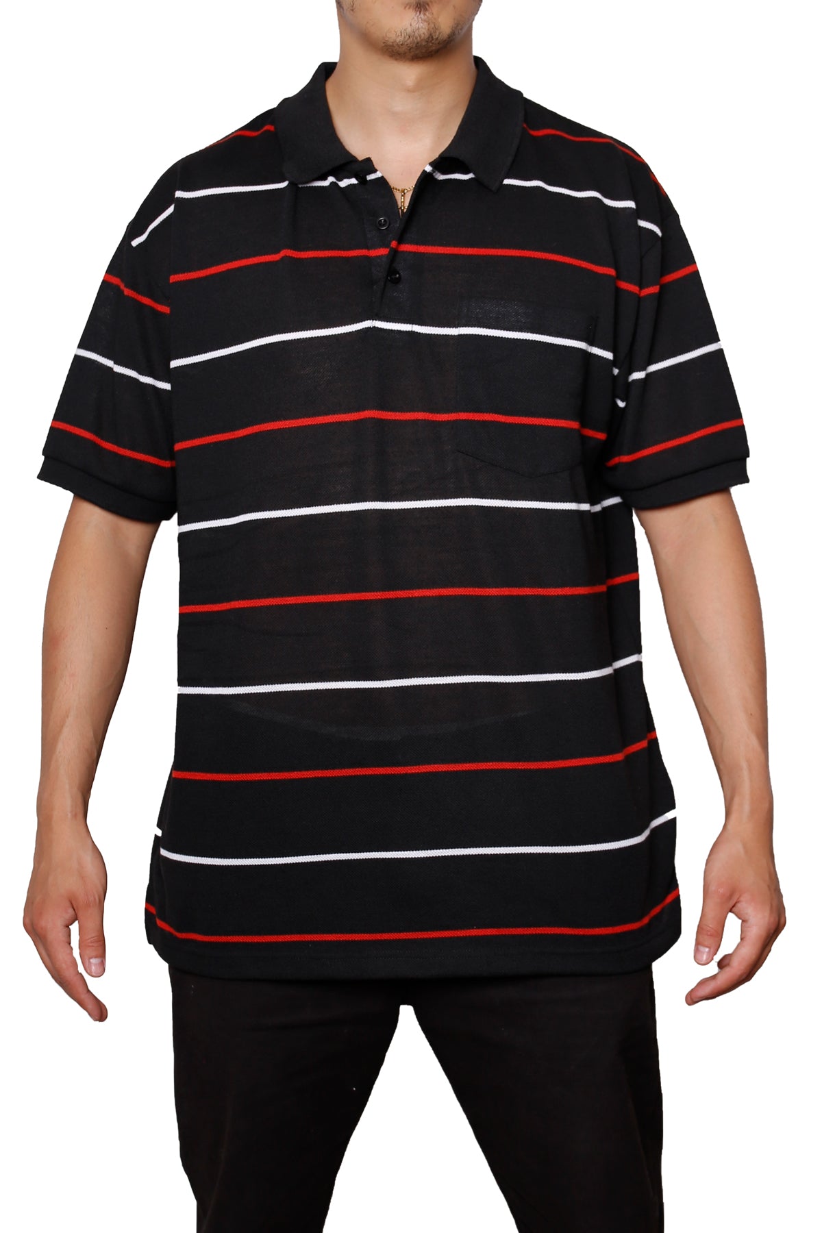 Striped Pique Polo Slim Fit T-Shirt- Black