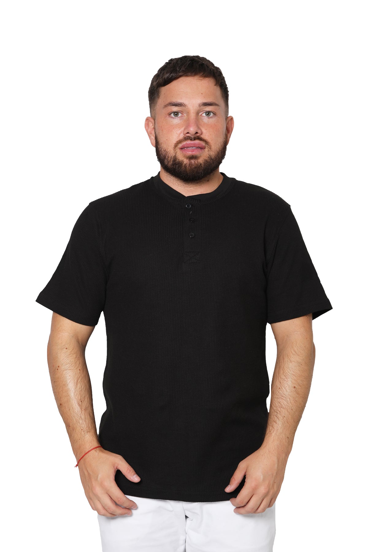 Short Sleeve Waffle Knit Henley T-Shirt - Black