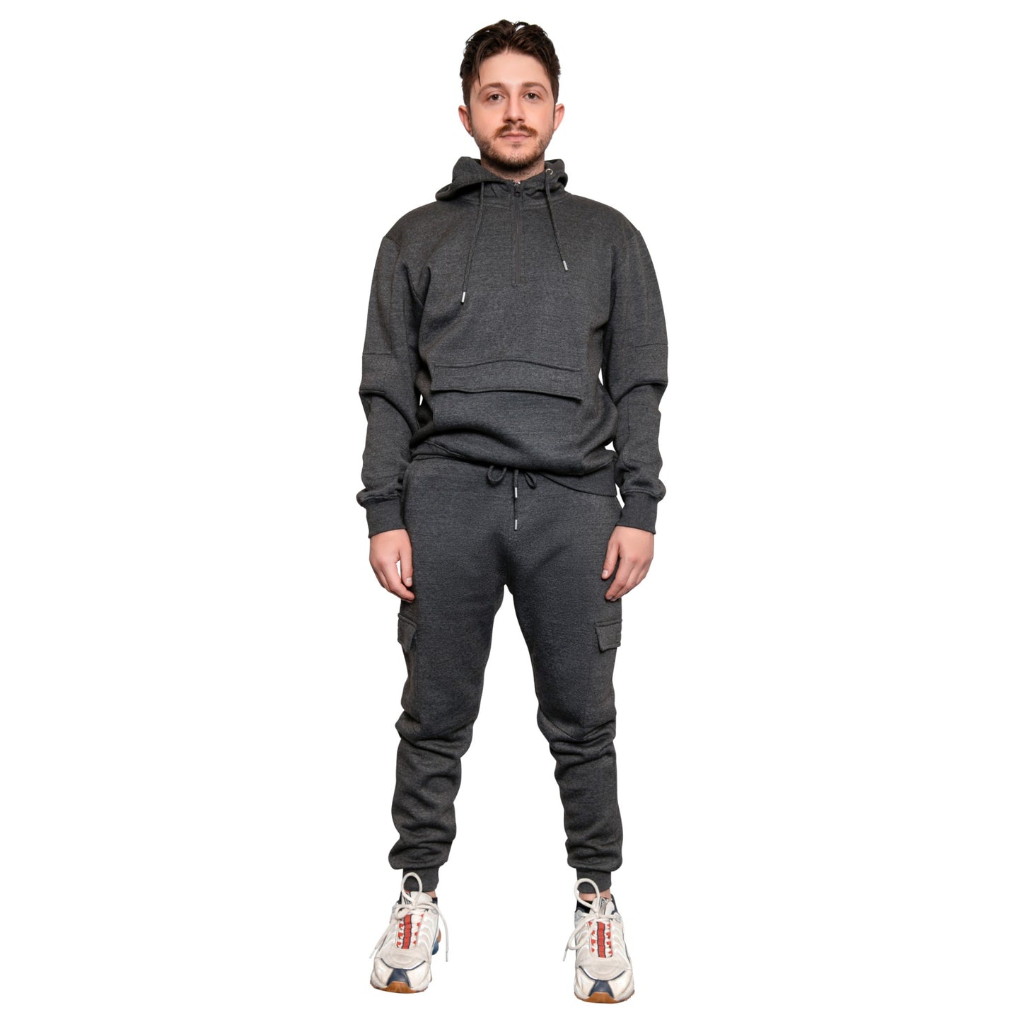 Mens Slim Fit Cargo Tracksuit Set Half Zip Hoodie with Front Pouch Cargo Joggers