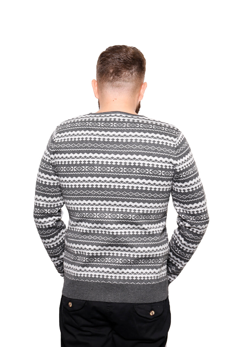 Charcoal Patterned/Striped Crew Neck Jumper