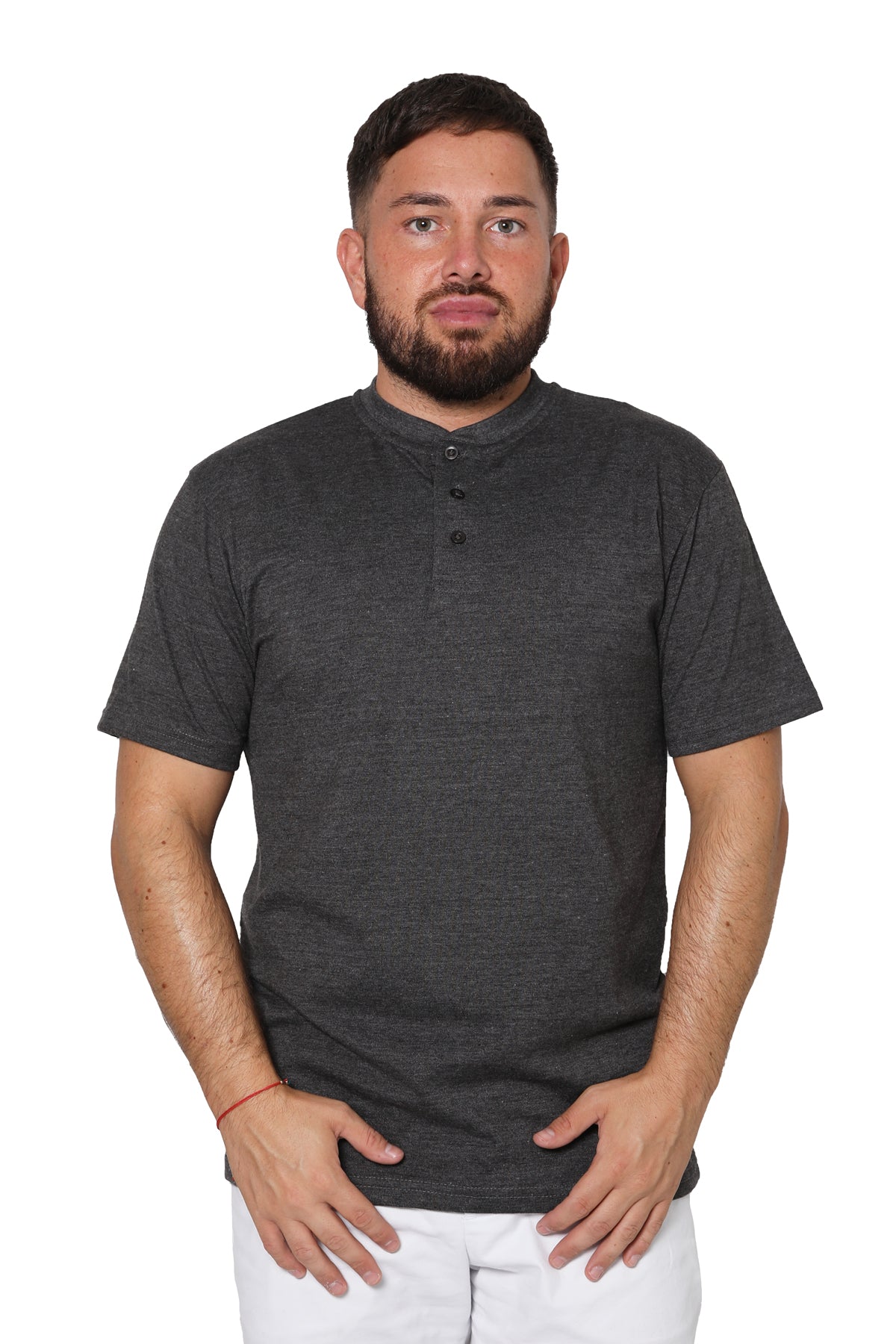 Short Sleeve Plain Henley T-Shirt with Grandad Collar - Charcoal