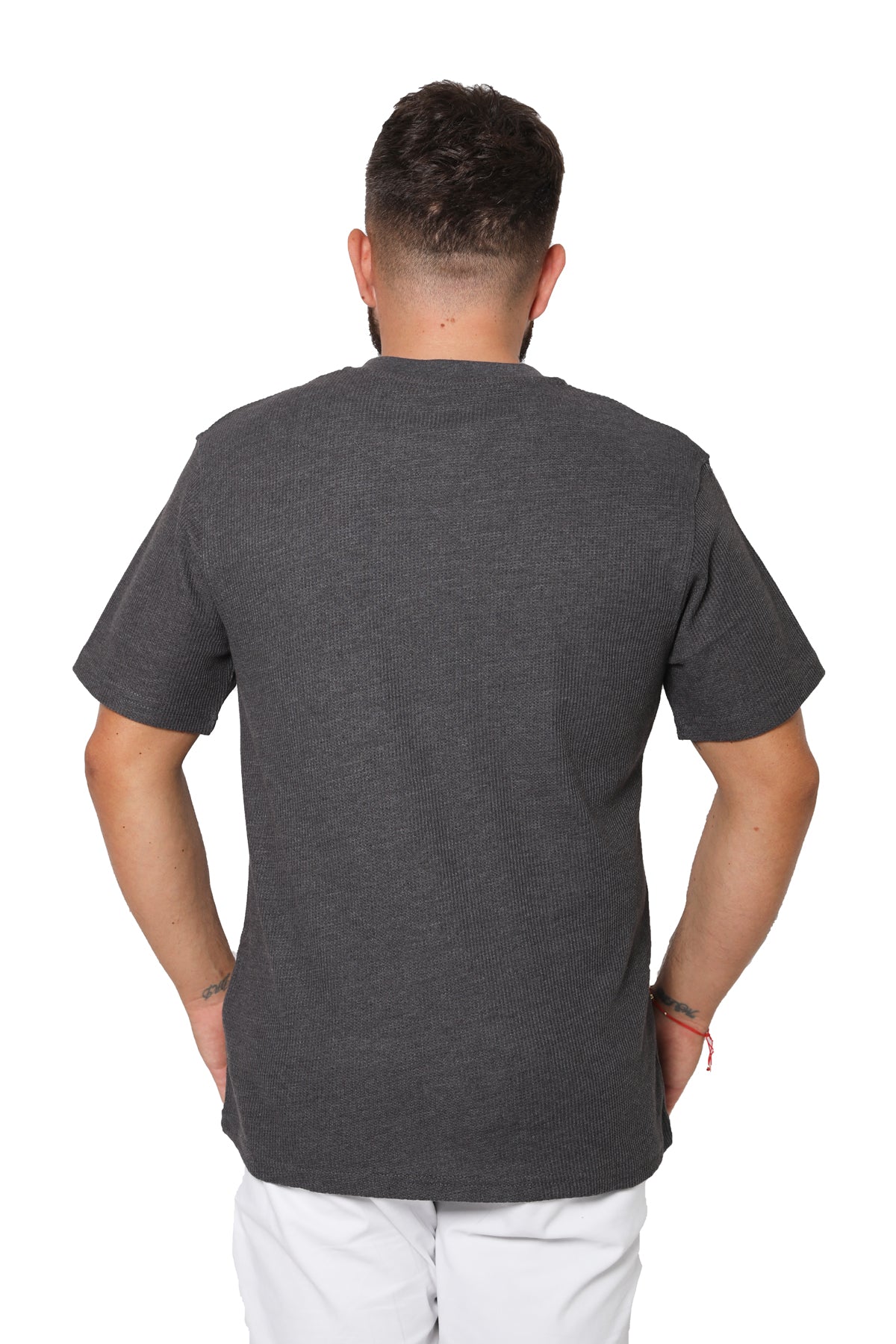Short Sleeve Waffle Knit Henley T-Shirt - Charcoal
