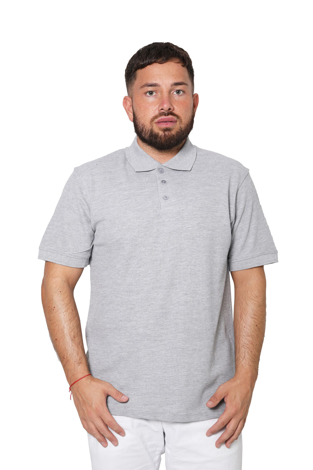 Men's Short Sleeve T-Shirt with 3 Buttons and Pique Polo Collar - Light Grey
