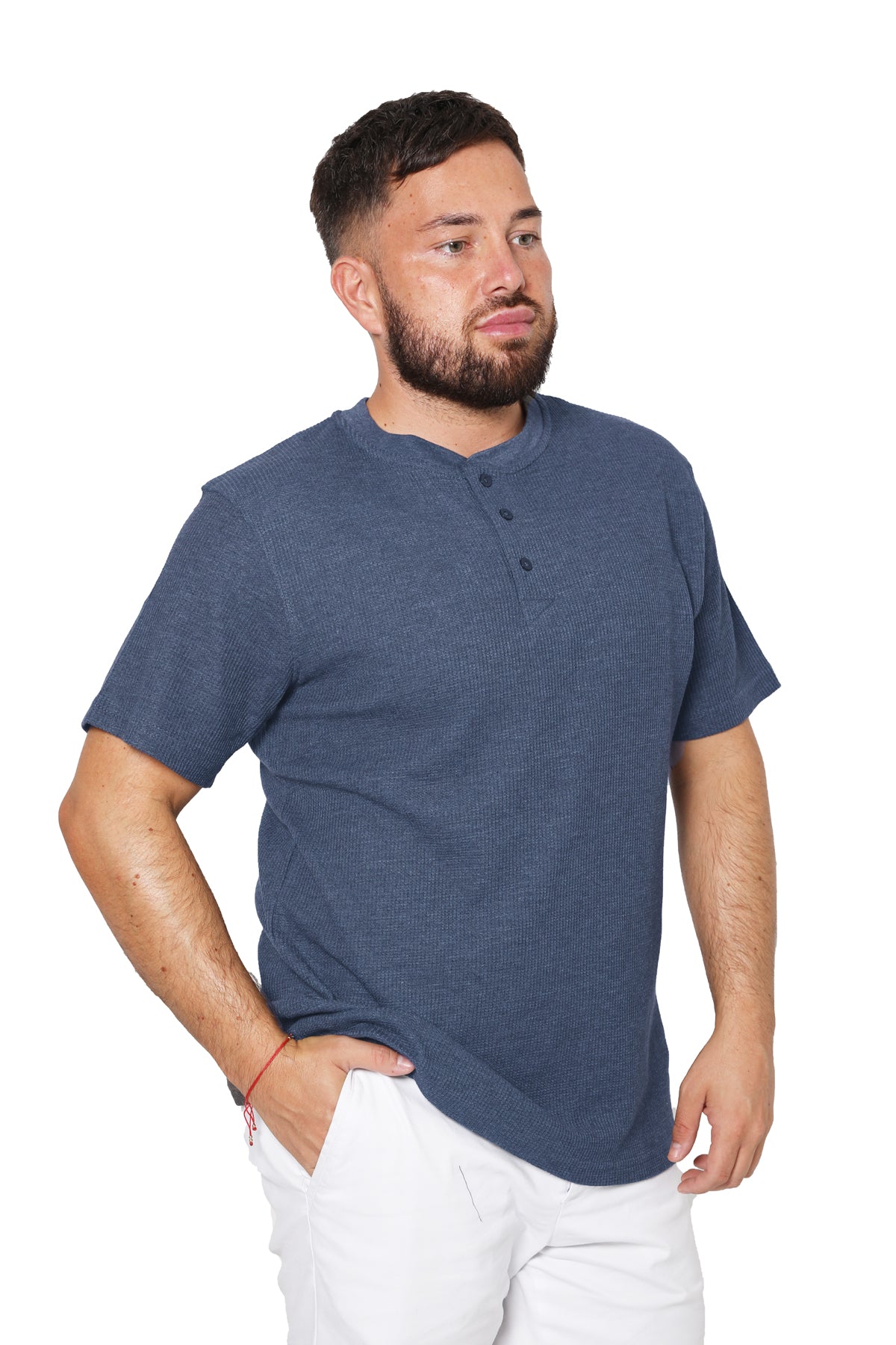 Short Sleeve Waffle Knit Henley T-Shirt - Denim
