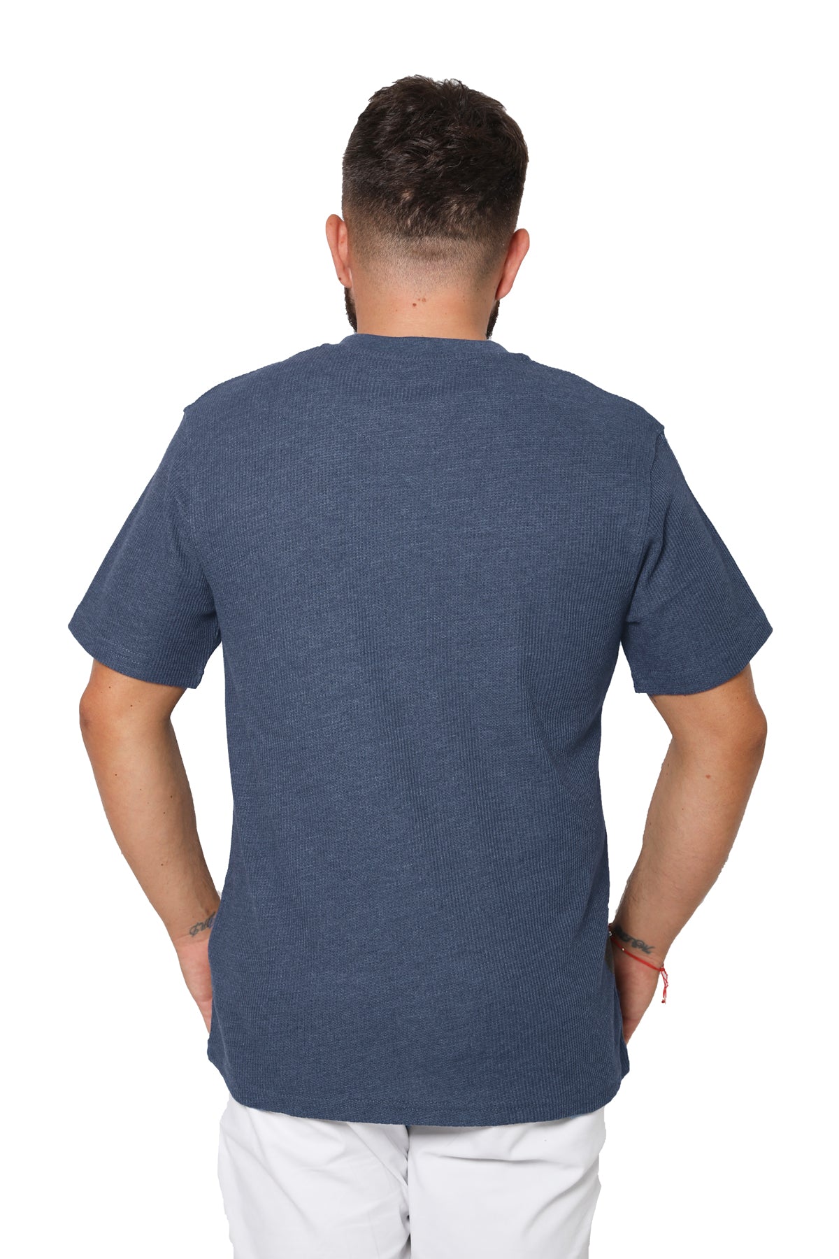 Short Sleeve Waffle Knit Henley T-Shirt - Denim