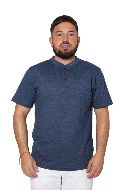 Short Sleeve Plain Henley T-Shirt with Grandad Collar - Denim