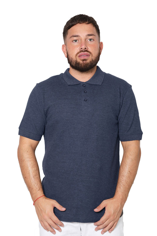 Men's Short Sleeve T-Shirt with 3 Buttons and Pique Polo Collar - Denim