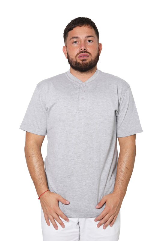 Short Sleeve Plain Henley T-Shirt with Grandad Collar - Light Grey