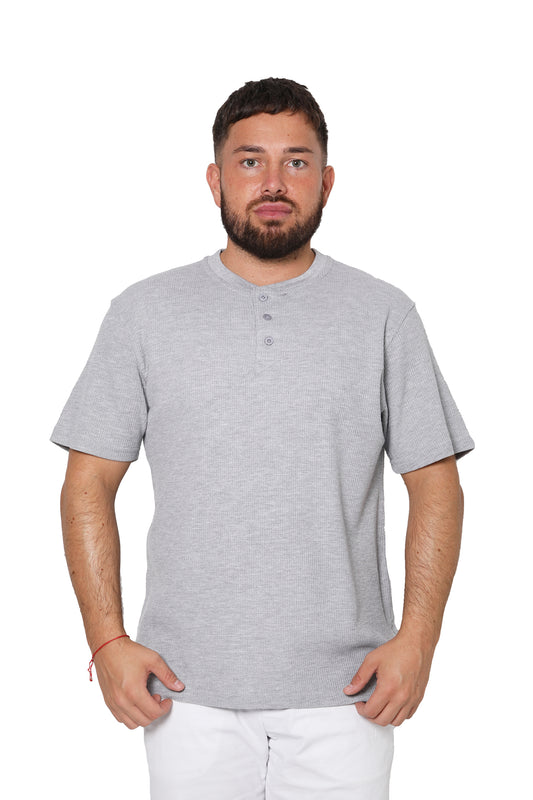 Short Sleeve Waffle Knit Henley T-Shirt - Light Grey