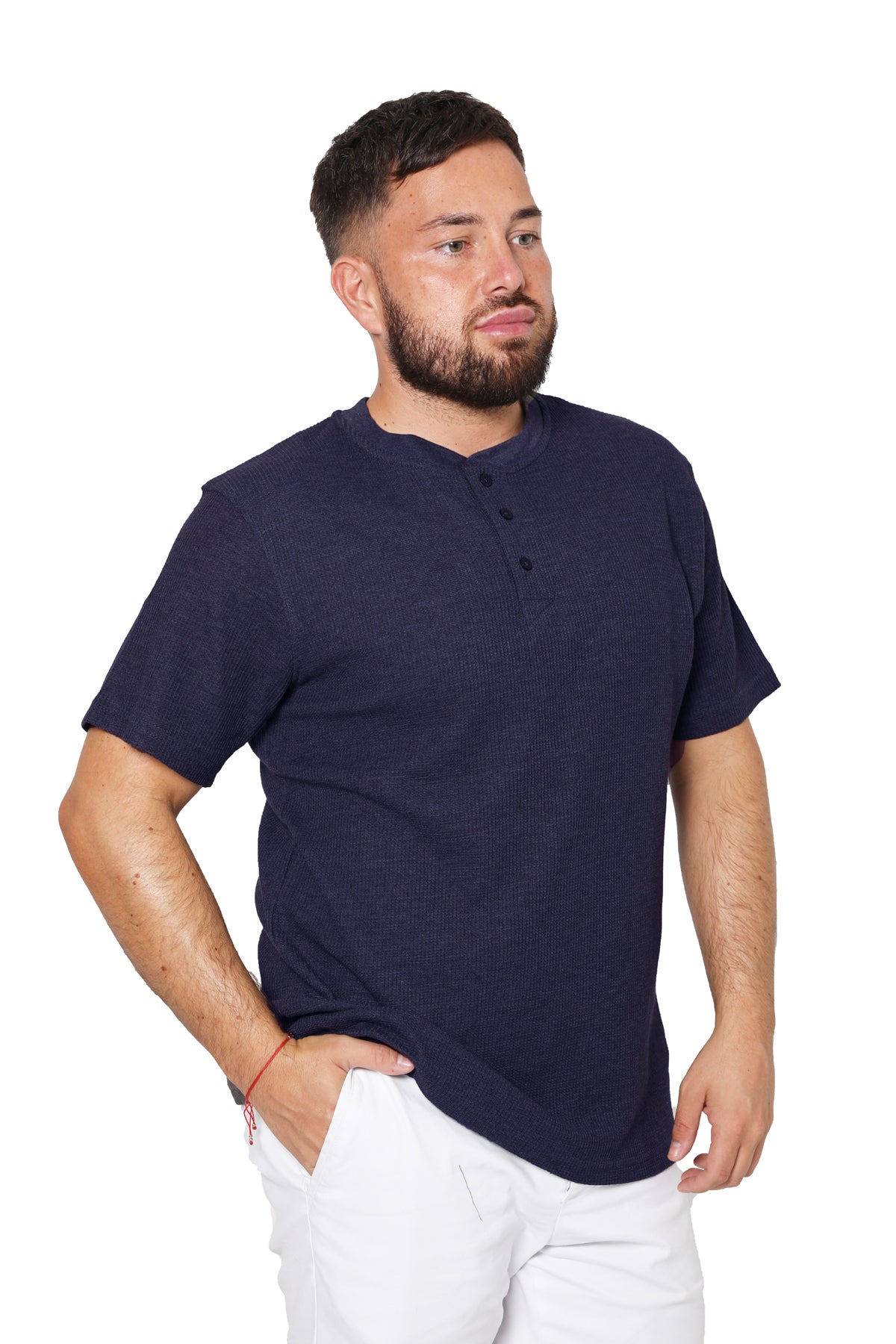 Short Sleeve Waffle Knit Henley T-Shirt - Navy