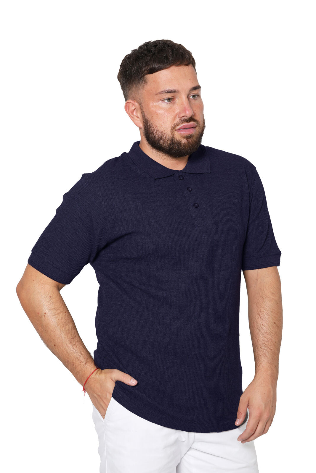 Men's Short Sleeve T-Shirt with 3 Buttons and Pique Polo Collar - Navy