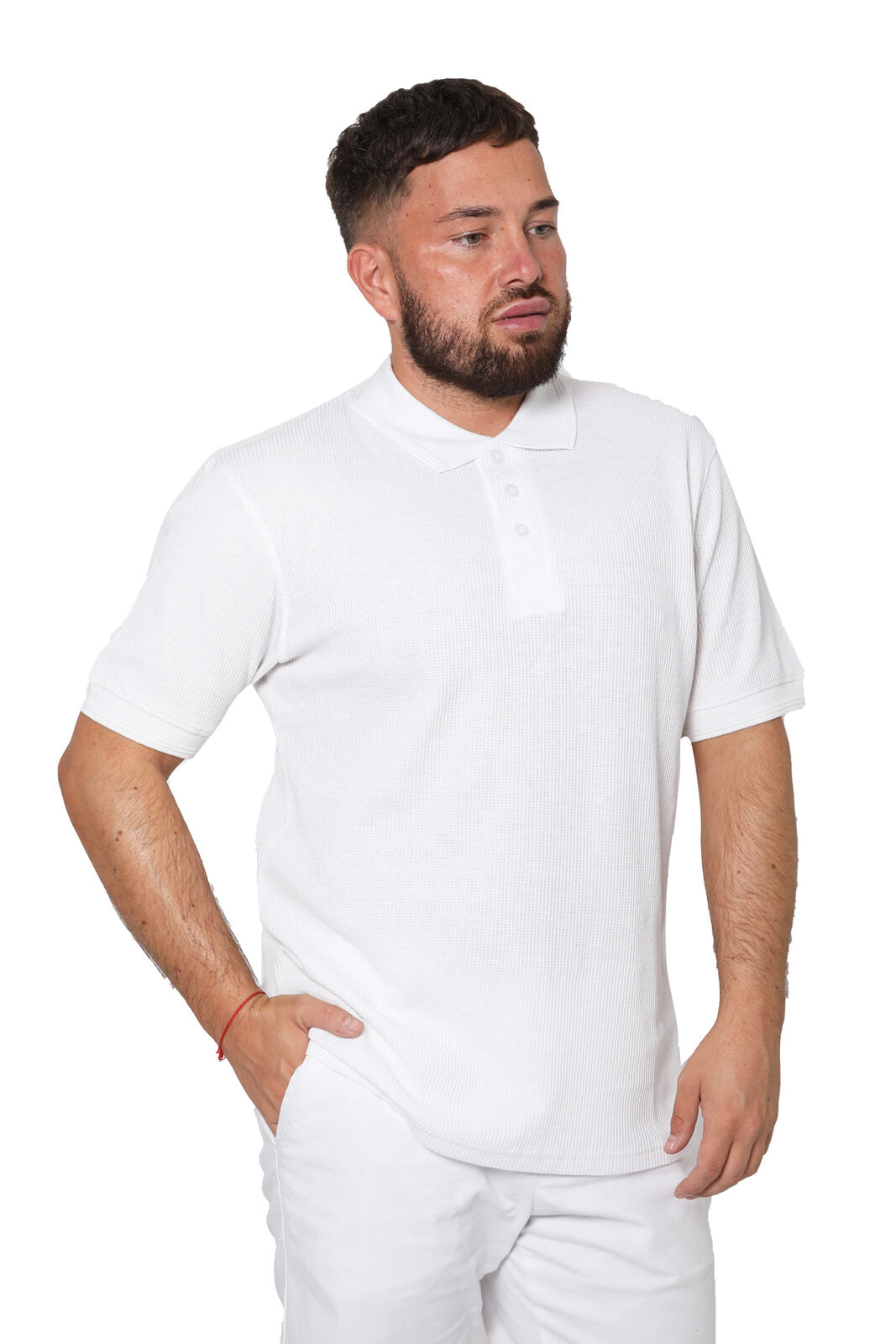 Men's Short Sleeve T-Shirt with 3 Buttons and Pique Polo Collar - White