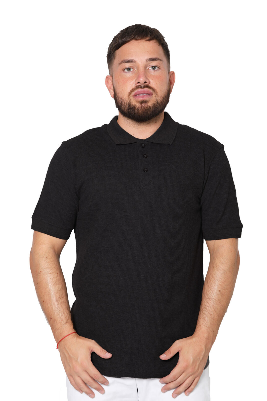 Men's Short Sleeve T-Shirt with 3 Buttons and Pique Polo Collar - Black