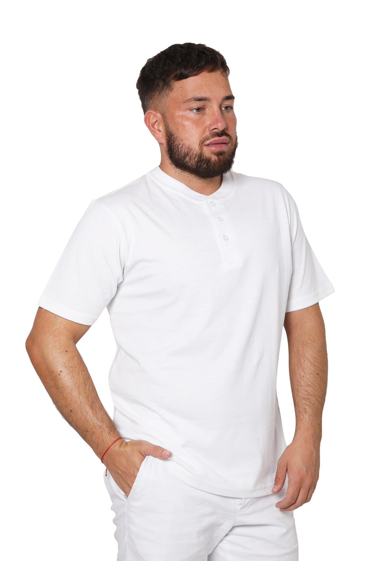Short Sleeve Plain Henley T-Shirt with Grandad Collar - White